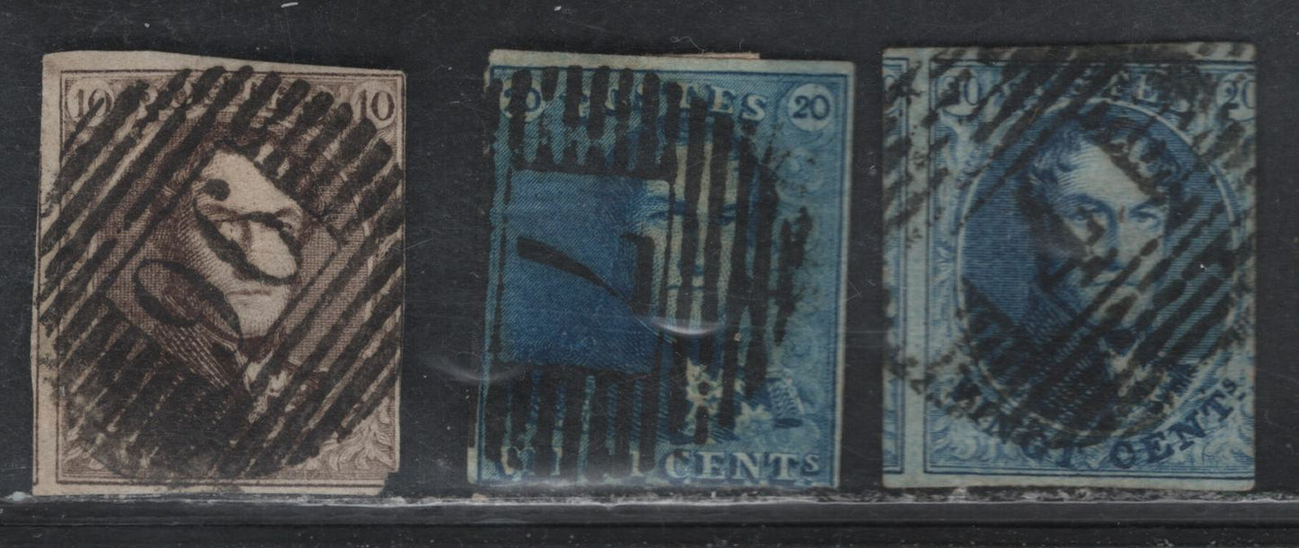 Lot 54 Belgium SC#2,10,11 20c Blue, 10c Brown, 1849-1861 King Leopold I Imperf, Wmk Framed L's & Unwatermarked, 3 VF&F Used Singles All With Barred Numeral Cancellations