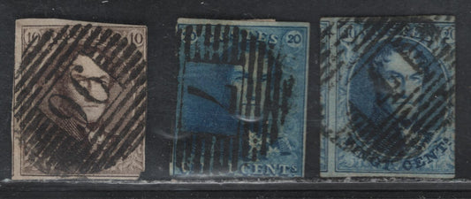 Lot 54 Belgium SC#2,10,11 20c Blue, 10c Brown, 1849-1861 King Leopold I Imperf, Wmk Framed L's & Unwatermarked, 3 VF&F Used Singles All With Barred Numeral Cancellations
