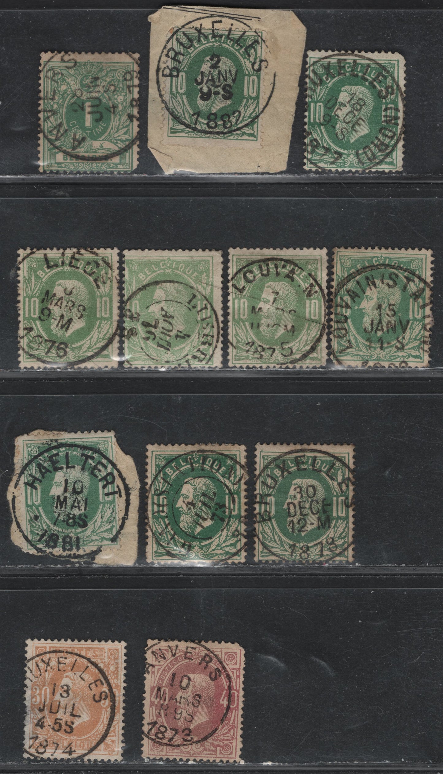 Lot 59 Belgium SC#28,32,35a 1c Green, 10c Green, 40c Rose Lilac, 1869-1870 King Leopold I Sidefaces Issue, 11 F&VF Used Singles Selection Of Shades With SON Town Cancels