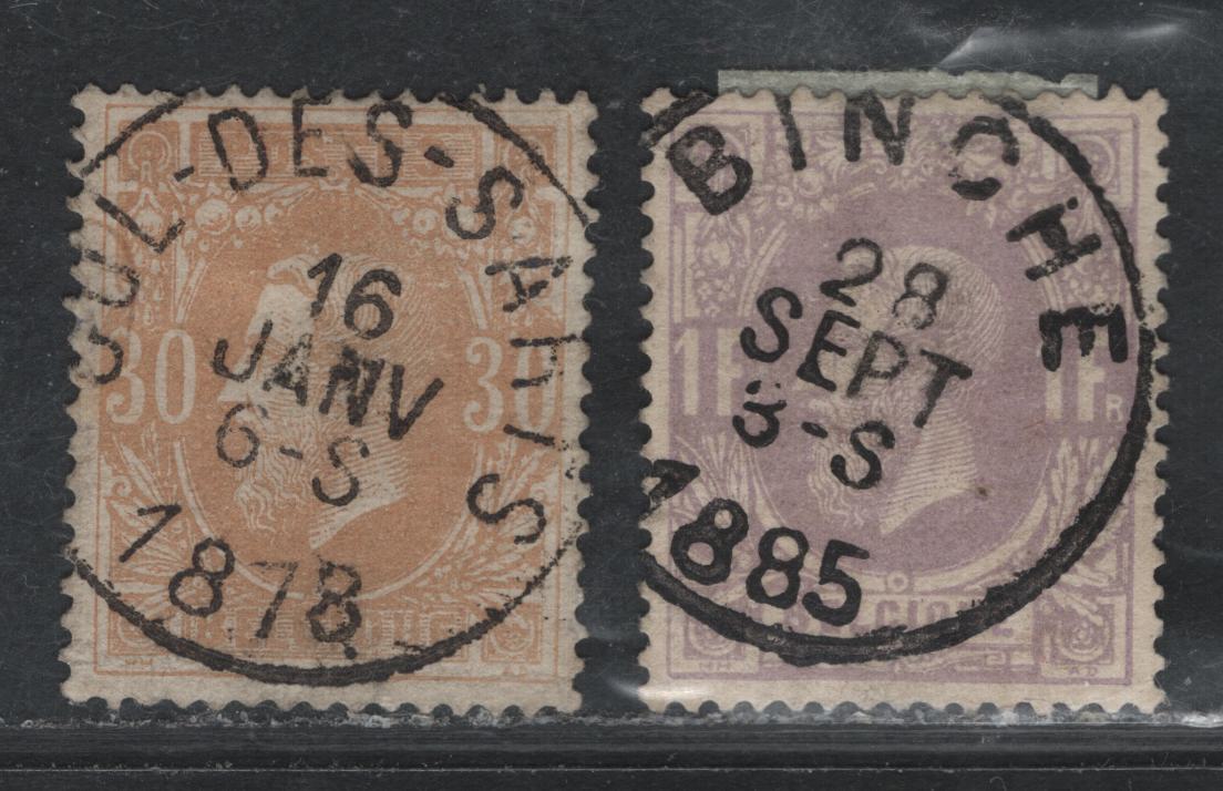 Lot 60 Belgium SC#34a, 36 30c Reddish Ochre & 1f Dull Lilac, 1869-1870 King Leopold I Sidefaces Issue, 2 VF Used Singles With SON Cul Des Soris And Binche CDS Cancels