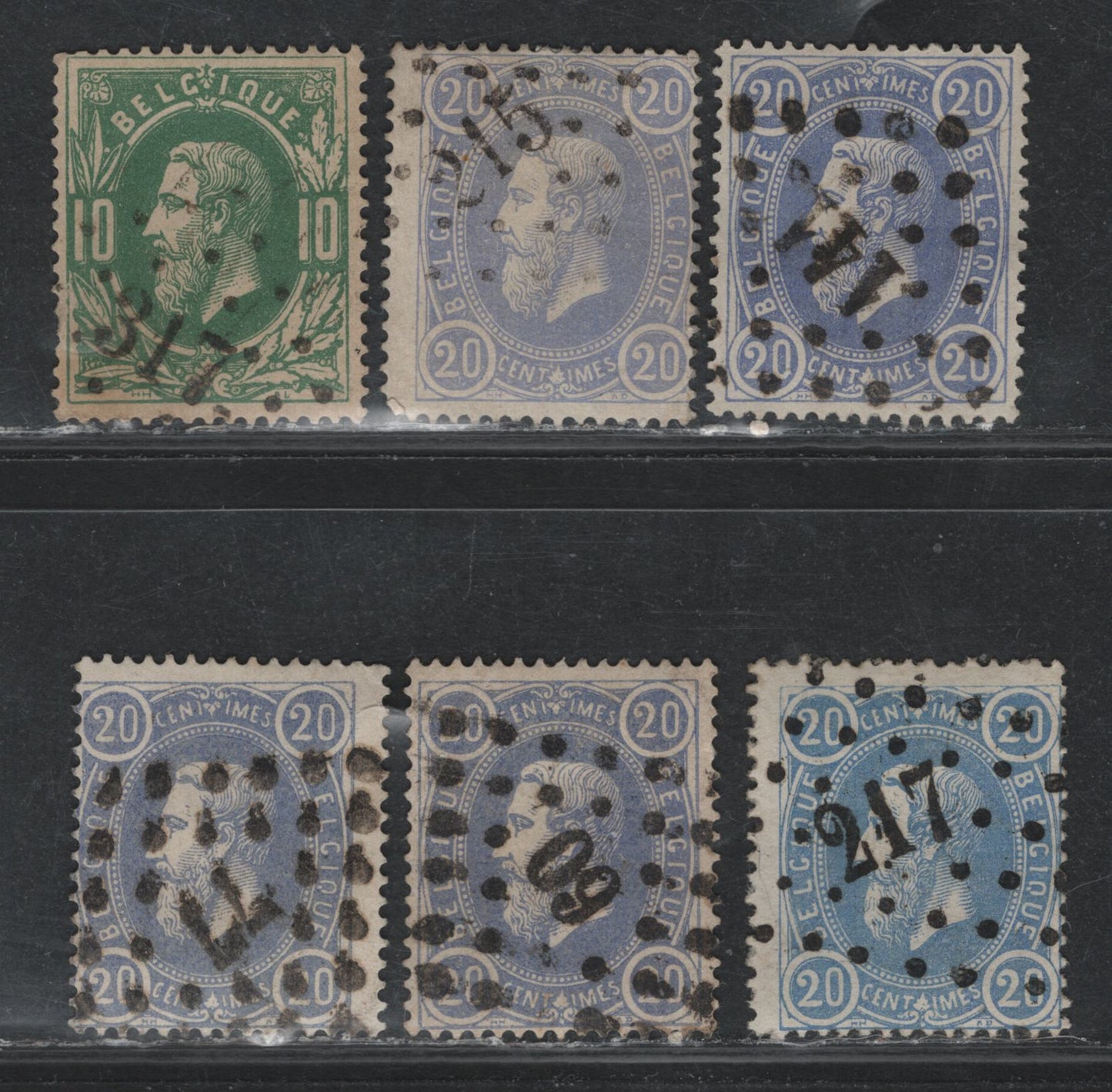 Lot 61 Belgium SC#32,33 10c Green & 20c Blue & Light Ultra, 1869-1870 King Leopold I Sidefaces Issue, 6 VG-VF Used Singles Selection Of Diamond Dotted Cancels With #317,141,217,215,77 & 60