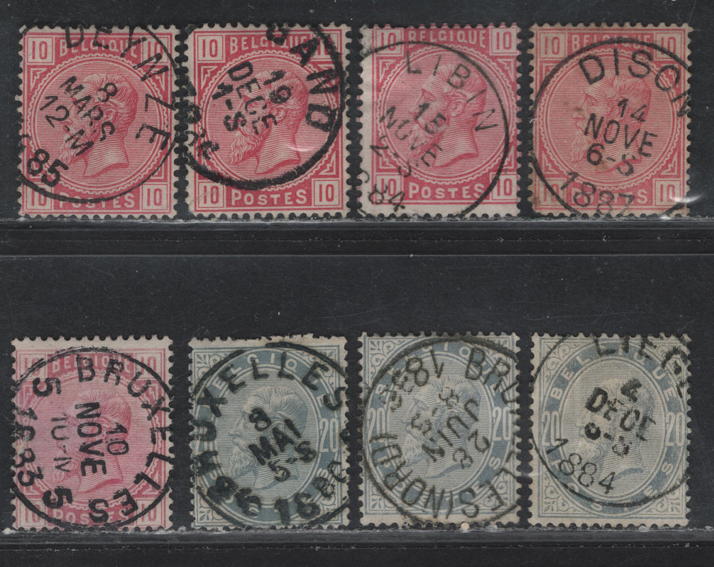 Lot 62 Belgium SC#45,46,46a,45a 10c Carmine, Carmine Rose, 20c Grey & Slate Grey, 1883 King Leopold I Sidefaces Issue, 8 VG-VF Used Singles SON Cancels Incl. Deynze, Libin, Dison, Liege & Brussels