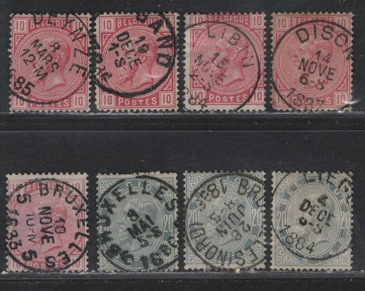 Lot 62 Belgium SC#45,46,46a,45a 10c Carmine, Carmine Rose, 20c Grey & Slate Grey, 1883 King Leopold I Sidefaces Issue, 8 VG-VF Used Singles SON Cancels Incl. Deynze, Libin, Dison, Liege & Brussels