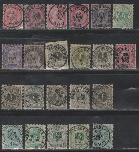 Lot 63 Belgium SC#49-53 1c Olive Green - 25c Blue On Pink, 1884-1885 King Leopold I Sidefaces Issue, 23 VG-VF Used Singles A Selection Of SON Town Cancels