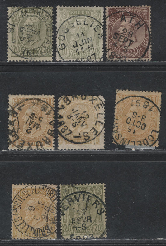 Lot 65 Belgium SC#56,56b,57,58, 1886-1891 King Leopold I Sidefaces Issue, 8 VG-VF Used Singles With SON Town Cancels Incl. Gosselies, Veruiers, Mons Station, Ath, Port de Flandrei Brussels, Lodelin Sori