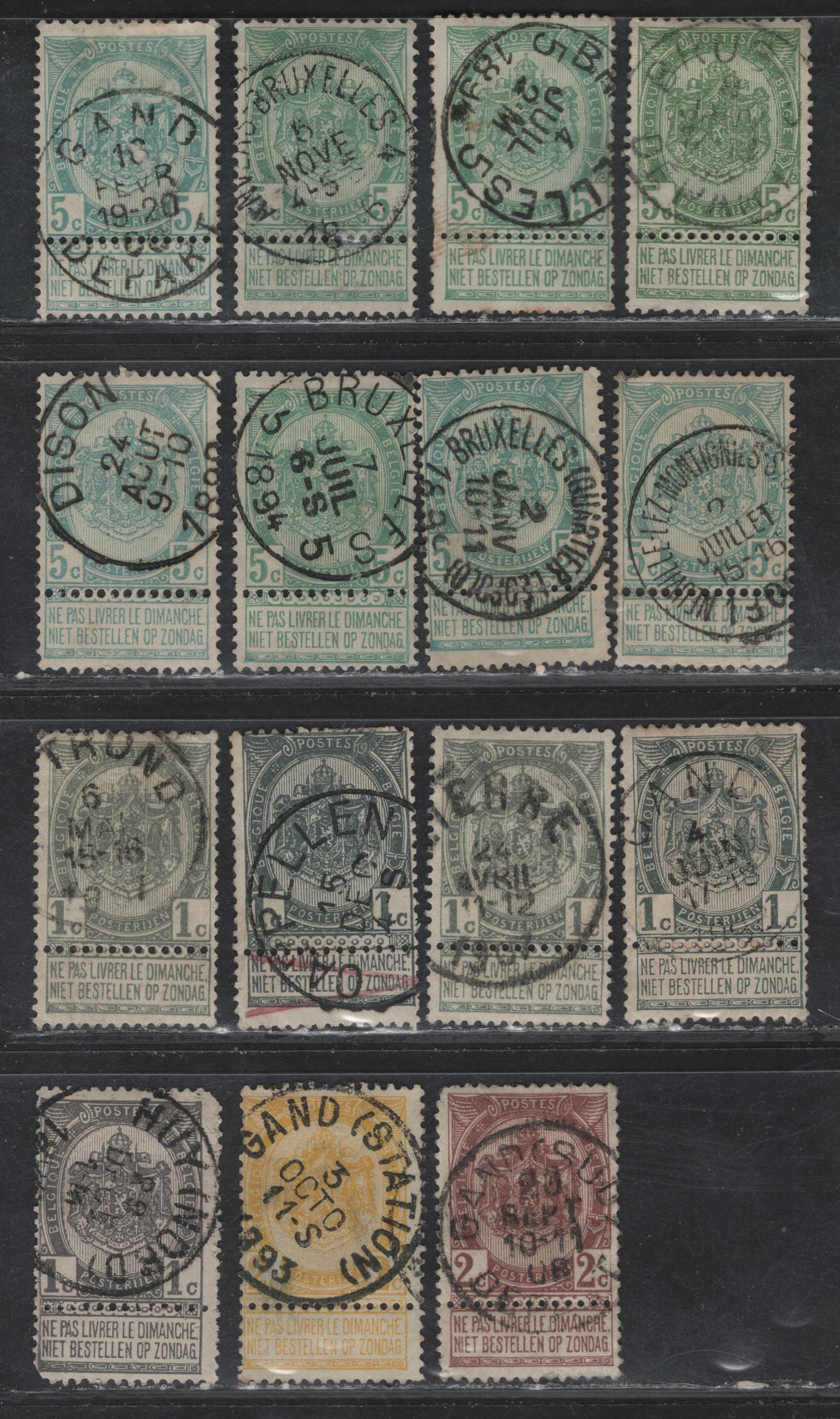 Lot 67 Belgium SC#60, 61, 63, 64, 1893-1900 Arms & Leopold I First Sunday Labels Issue, 15 F&VF Used Singles W/ Sunday Labels Attatched & SON Town Cancels. Cancels Include Gand Station, Gand, Lierre, Cappellen, Thond, Huy Nord, Brussels, Dison