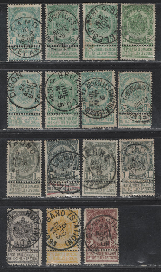 Lot 67 Belgium SC#60, 61, 63, 64, 1893-1900 Arms & Leopold I First Sunday Labels Issue, 15 F&VF Used Singles W/ Sunday Labels Attatched & SON Town Cancels. Cancels Include Gand Station, Gand, Lierre, Cappellen, Thond, Huy Nord, Brussels, Dison