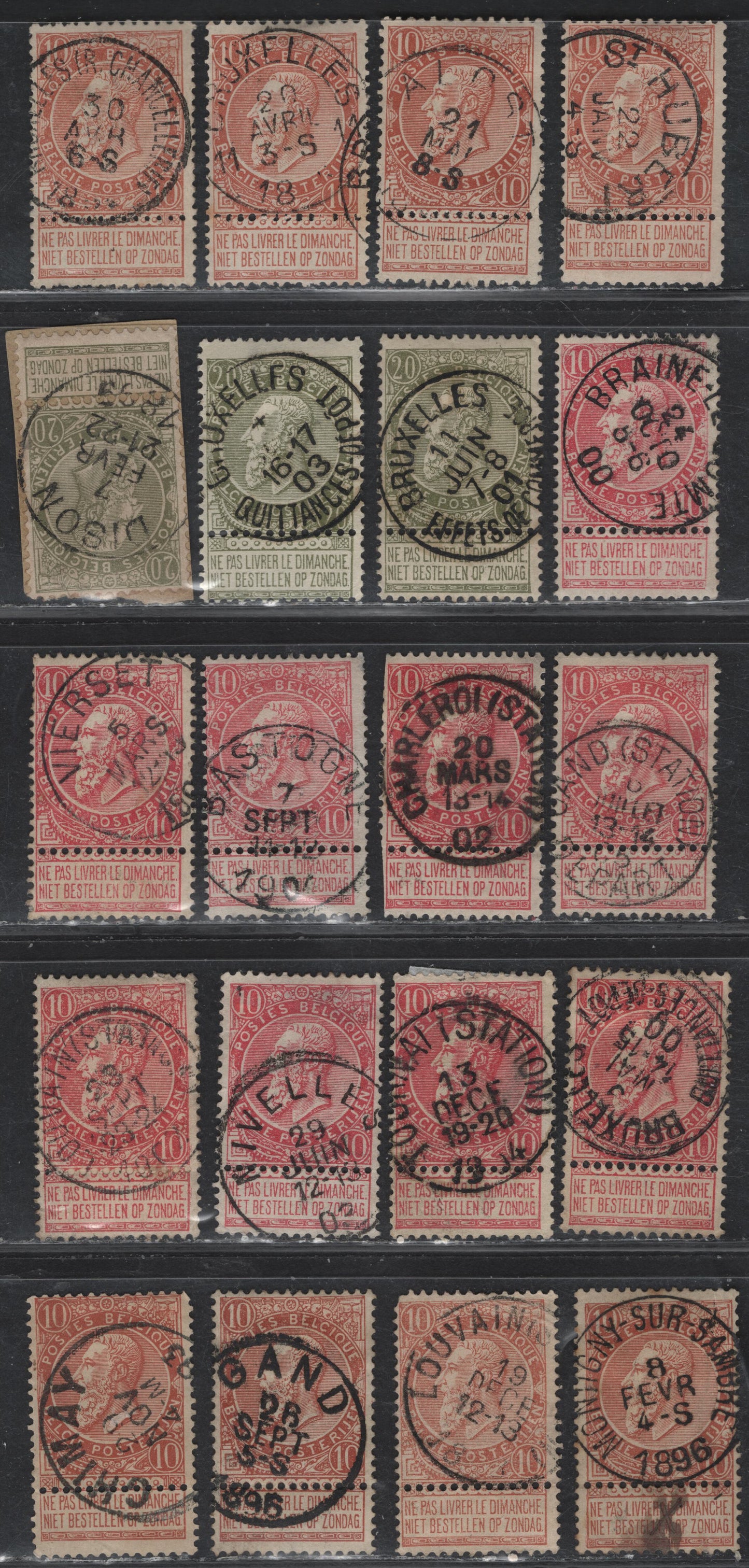 Lot 68 Belgium SC#65,66,67 10c Orange Brown, 10c Bright Rose, 20c Olive Green, 1893-1900 Arms & Leopold I First Sunday Labels Issue, 20 VG-VF Used Singles With Attached Sunday Label And SON Town Cancels