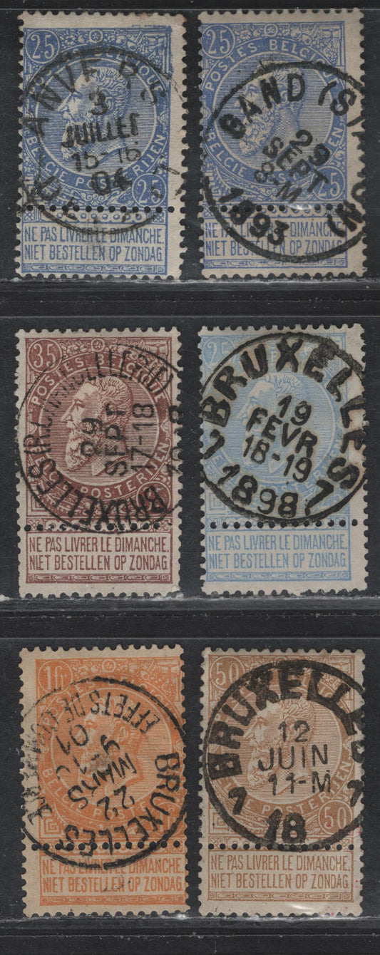 Lot 69 Belgium SC#68, 69a, 70, 73 25c Pale Blue, Ultra, 35c Red Brown, 50c Bistre, 1fr Orange, 1893-1900 Arms & Leopold I First Sunday Labels Issue, 5 F&VF Used Pairs With Attatched Sunday Labels And A Single W/ Detached Label All Have SON Town Cancels