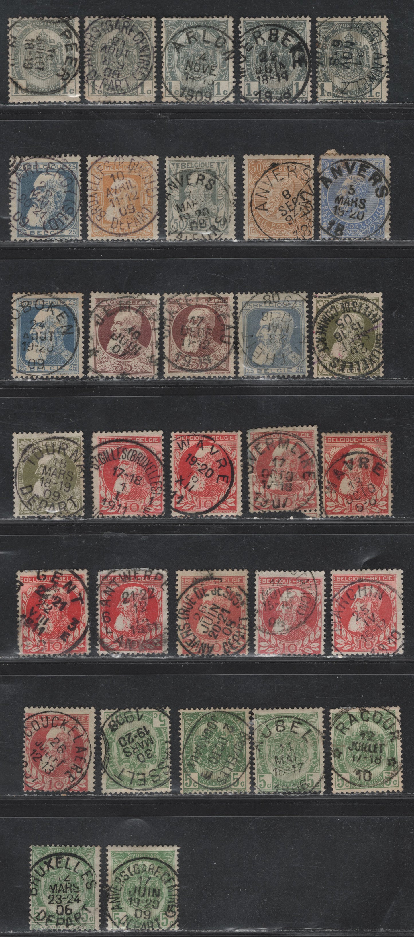 Lot 70 Belgium SC#82,84,85,86,87,87a,88,70,89,90 1c Grey - 1fr Yellow Orange, 1905-1911 King Leopold I, Second Sunday Labels Issue, A Selection Of VG-VF Used Singles With SON Town Cancels, Most Are Fine, But A Few Have Faults And Not Counted