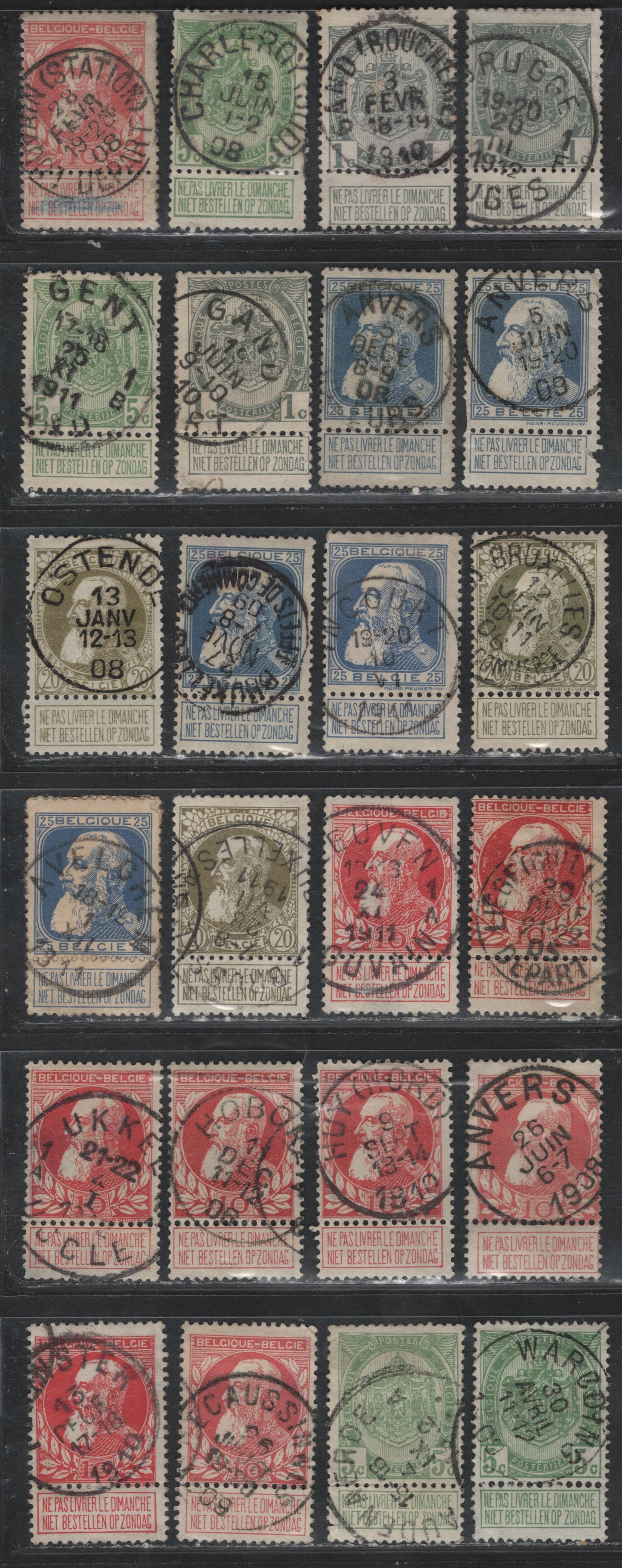 Lot 71 Belgium SC#82,84,85,87,87a,86 1c Grey - 25c Deep Blue, 1905-1911 King Leopold I & Arms, Second Sunday Labels Issue, A Selection Of VG-VF Used Singles With Attached Sunday Labels That All Have SON Town Cancels
