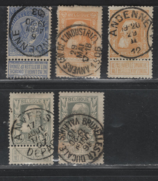 Lot 72 Belgium SC#68, 89, 90, 90a 25c Ultramarine, 50c Bluish Grey, 1fr Yellow Orange, Orange, 1905-1911 King Leopold I & Arms, Second Sunday Labels Issue, 5 Fine Used Singles With Attached Sunday Labels All With SON Town Cancels