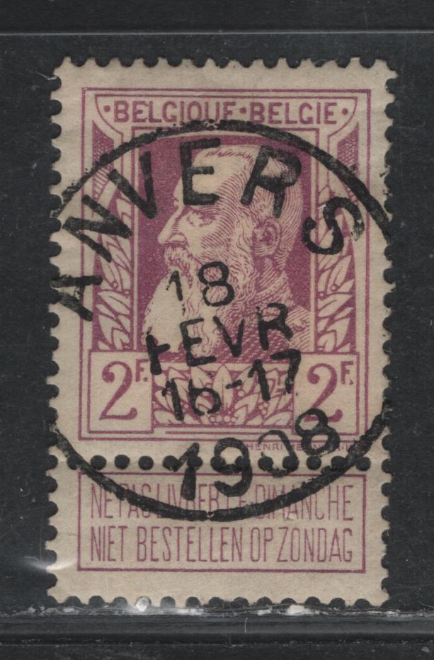 Lot 73 Belgium SC#91 2fr Rose Carmine - 5fr Bluish Grey, 1905-1911 Second Sunday Labels Issue, A VF Used Single With SON Feb 18, 1908 Anvers Cancel
