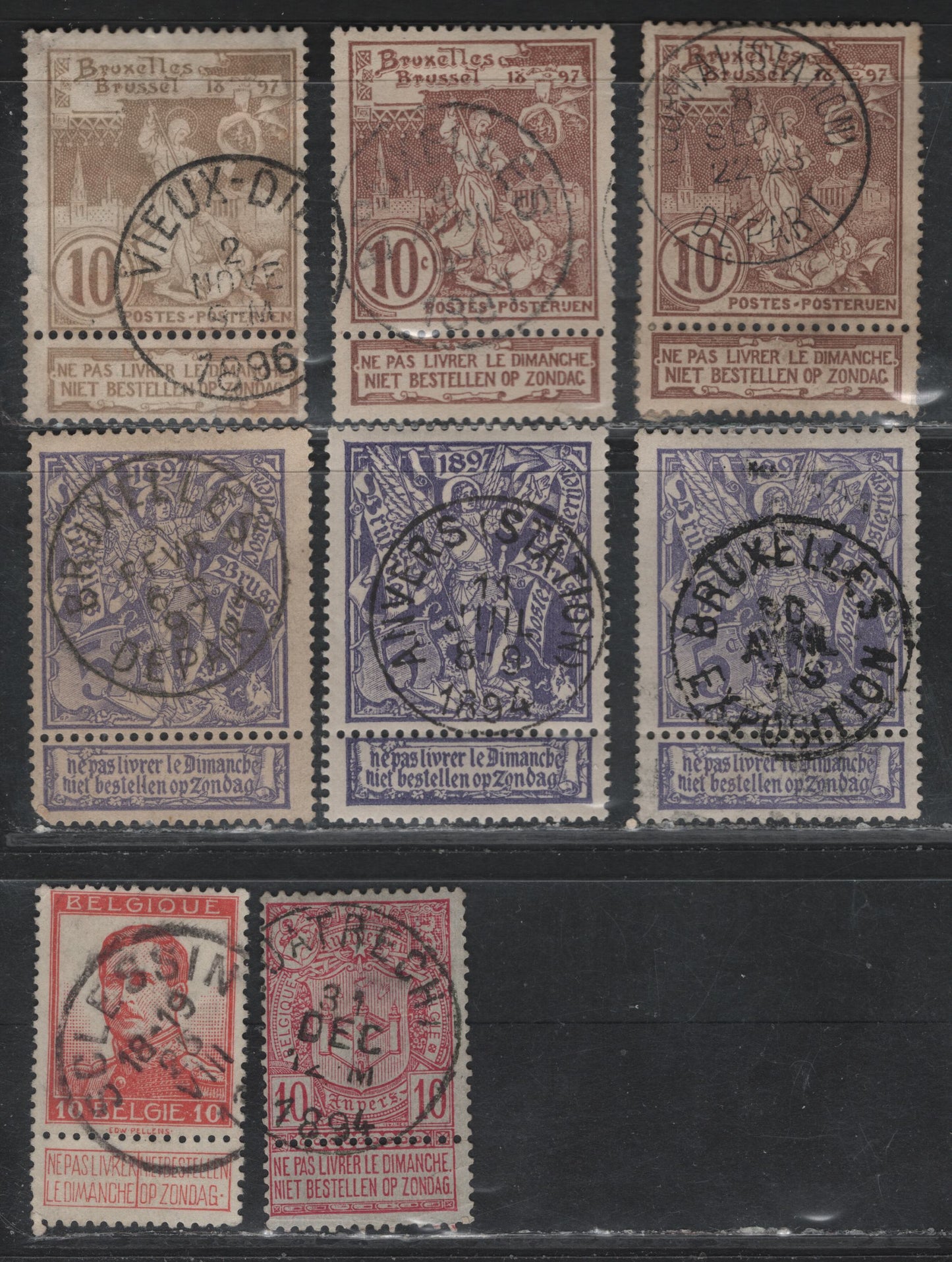 Lot 74 Belgium SC#77, 79, 80, 81, 103 10c Carmine On Bluish - 10c Red, 1894 Antwerp Exhibition - 1912-1913 King Albert I Issues, 7 F&VF Used Singles With Attached Sunday Labels And SON Town Cancels
