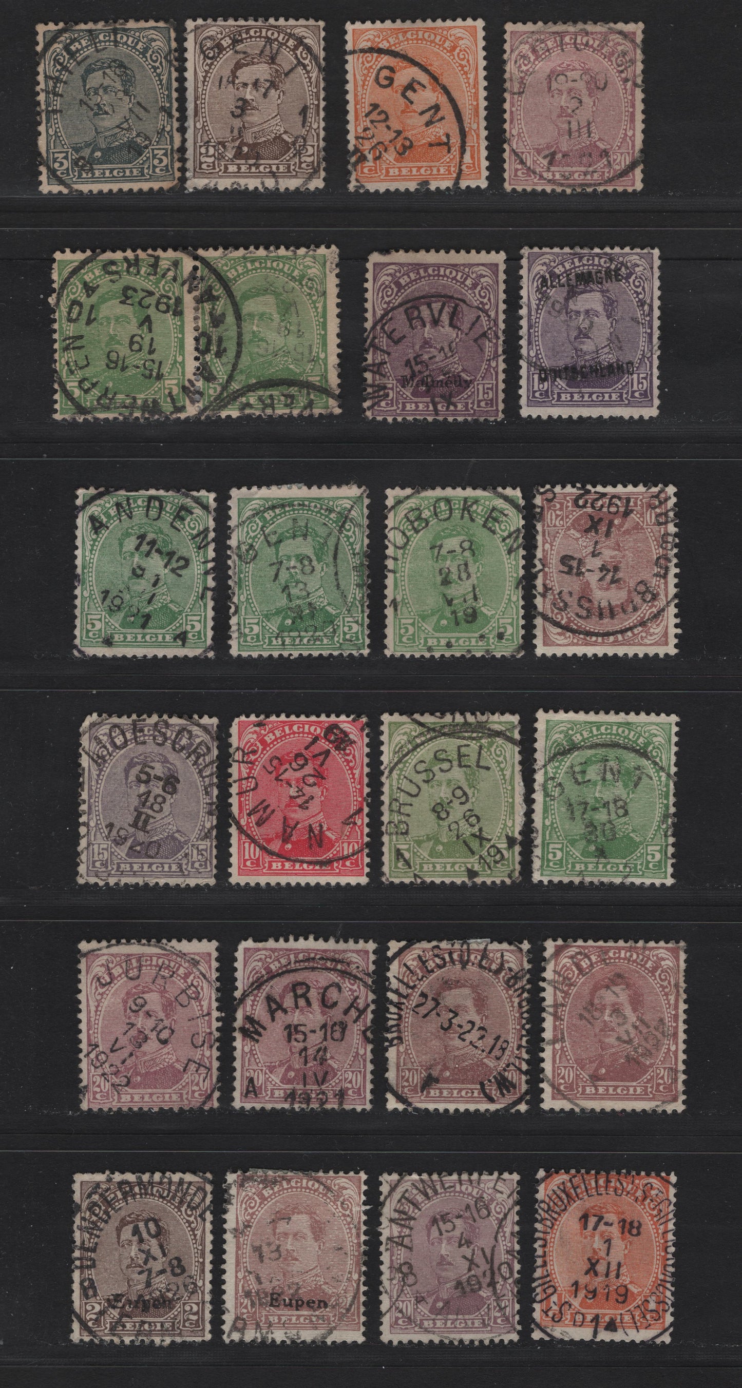 Lot 75 Belgium & German Occupation Of Belgium SC#108-111, 112a, 113, 114, 1N6, 1N26, 1N31, 1N47, King Albert I & Eupen / Malmedy Overprints Issue, A Selection Of F&VF Used Singles Unchecked As To Type And All With SON Town Cancels