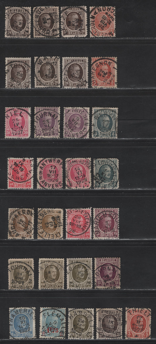 Lot 76 Belgium SC#145/194 3c Fawn - 1.75fr On 1.5fr Bright Blue, 1922-1927 King Albert Keyplates Issue, 28 F&VF Used Singles All With SON Town Cancels Rather Than The Usual Machine Cancels Often Found On This Issue