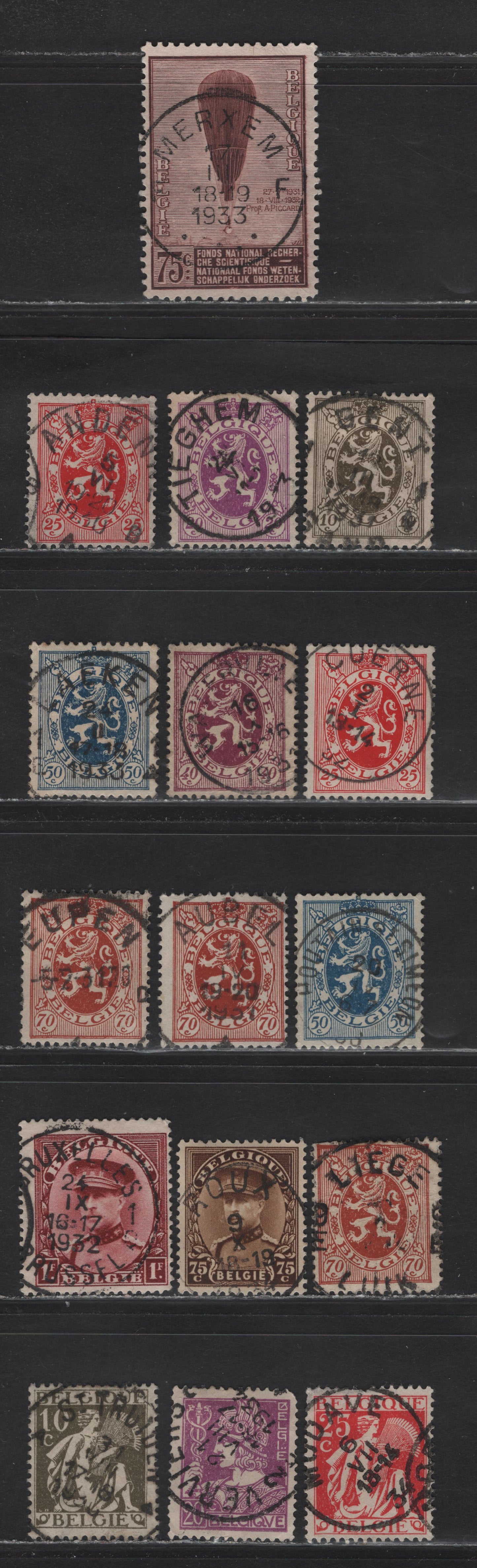 Lot 77 Belgium SC#202, 203, 204,206, 207, 209, 227, 228, 247, 248, 249, 251 10c Olive Green - 75c Red Brown, 1929-1932 Lion Rampent Definitives - 1932 Auguste Piccard's Balloon Issues, 16 F&VF Used Singles All With SON Town Cancels