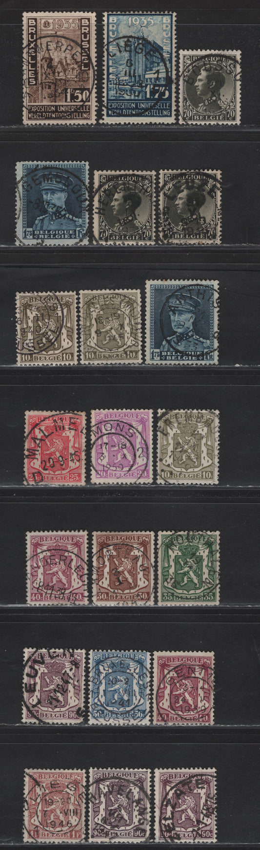 Lot 78 Belgium SC#262, 267, 269, 270, 272, 273, 274, 275, 281, 282, 231, 260, 261 1.75fr Deep Blue - 1fr Red Brown, 1931-1932 King Albert - 1935 - 1948 Coat Of Arms Issues, 21 F&VF Used Singles All With SON Town Cancels