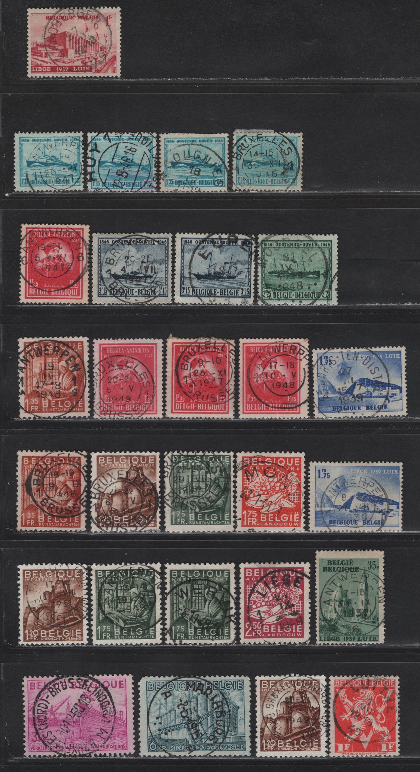 Lot 80 Belgium SC#318-319, 321, 328,368-370,371,375-378,380,381,384 35c Dark Blue Green - 6fr Blue Green, 1938 Int'l Water Exhibition - 1948 Industry Definitives Issues, 28 F&VF Used Singles All With SON Town Cancels