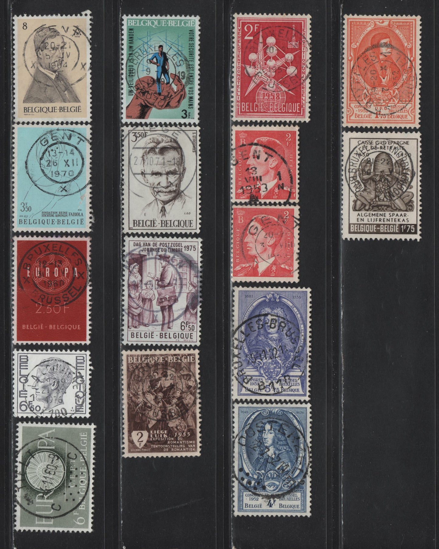 Lot 81 Belgium SC#401,436,440-446,447,493,500,527,537,698,758,919,815,791,1165 1.75fr Dark Brown - 8fr Tan & Dark Brown, 1950 Centenary Of General Pension Fund - 1984 South Death Anniv. Of King Albert, 16 VF Used Singles All With SON Town Cancels