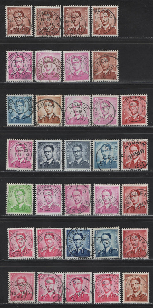 Lot 82 Belgium SC#452/464 2fr Rose Carmine - 5fr Bluish Grey, 1953-1972 King Baudouin Definitive Issue, 33 VF Used Singles All With SON Town Cancels, Different Printings And Shades