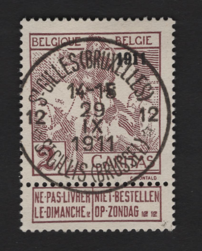 Lot 83 Belgium SC#B10 2c Purple Brown, 1911 Overprinted Semi Postal Issues, A VF Used Single With Attached Sunday Label And SON Sept. 29, 1911 Brussels CDS