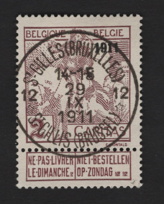 Lot 83 Belgium SC#B10 2c Purple Brown, 1911 Overprinted Semi Postal Issues, A VF Used Single With Attached Sunday Label And SON Sept. 29, 1911 Brussels CDS