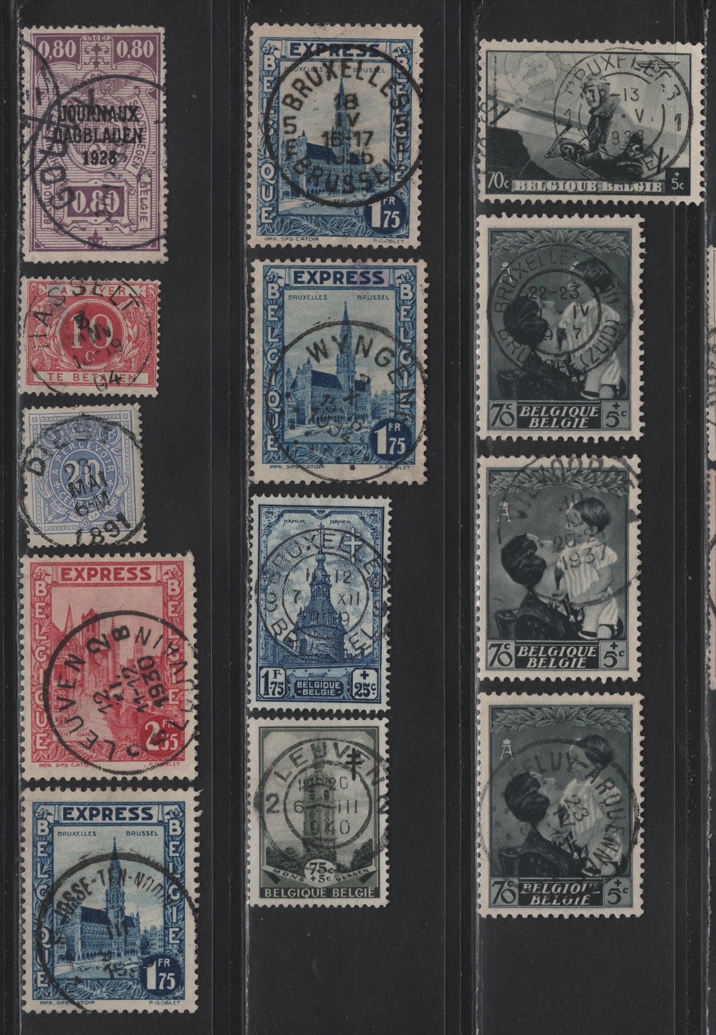 Lot 84 Belgium SC#B190,B211,B259,B261,E1-E2,J2,J5,F6 25c+5c Olive Black - 90c Violet, 1937 Semi Postal - 1928 Parcel Post Overprints Issues, 13 F&VF Used Singles All With SON CDS Cancels