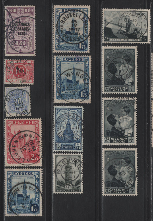 Lot 84 Belgium SC#B190,B211,B259,B261,E1-E2,J2,J5,F6 25c+5c Olive Black - 90c Violet, 1937 Semi Postal - 1928 Parcel Post Overprints Issues, 13 F&VF Used Singles All With SON CDS Cancels