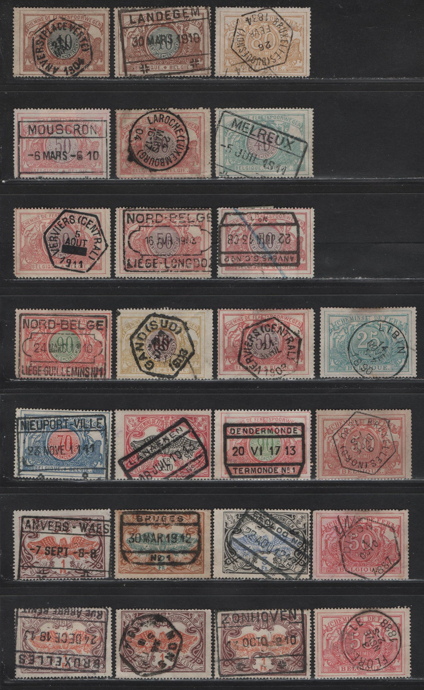 Lot 86 Belgium SC#Q10,Q11,Q13,Q29/Q45 25c Yellow Green - 3fr Black & Ultramarine, 1882-1894 & 1902-1914 Parcel Post Issue, 25 F&VF Used Singles All With SON CDS, Octagonal CDs & Boxed Parcel Cancels