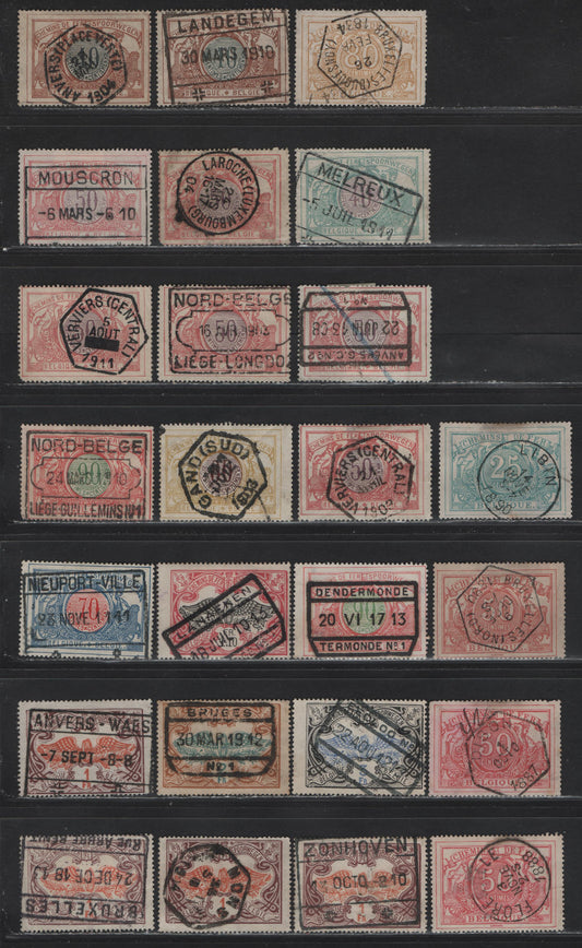 Lot 86 Belgium SC#Q10,Q11,Q13,Q29/Q45 25c Yellow Green - 3fr Black & Ultramarine, 1882-1894 & 1902-1914 Parcel Post Issue, 25 F&VF Used Singles All With SON CDS, Octagonal CDs & Boxed Parcel Cancels