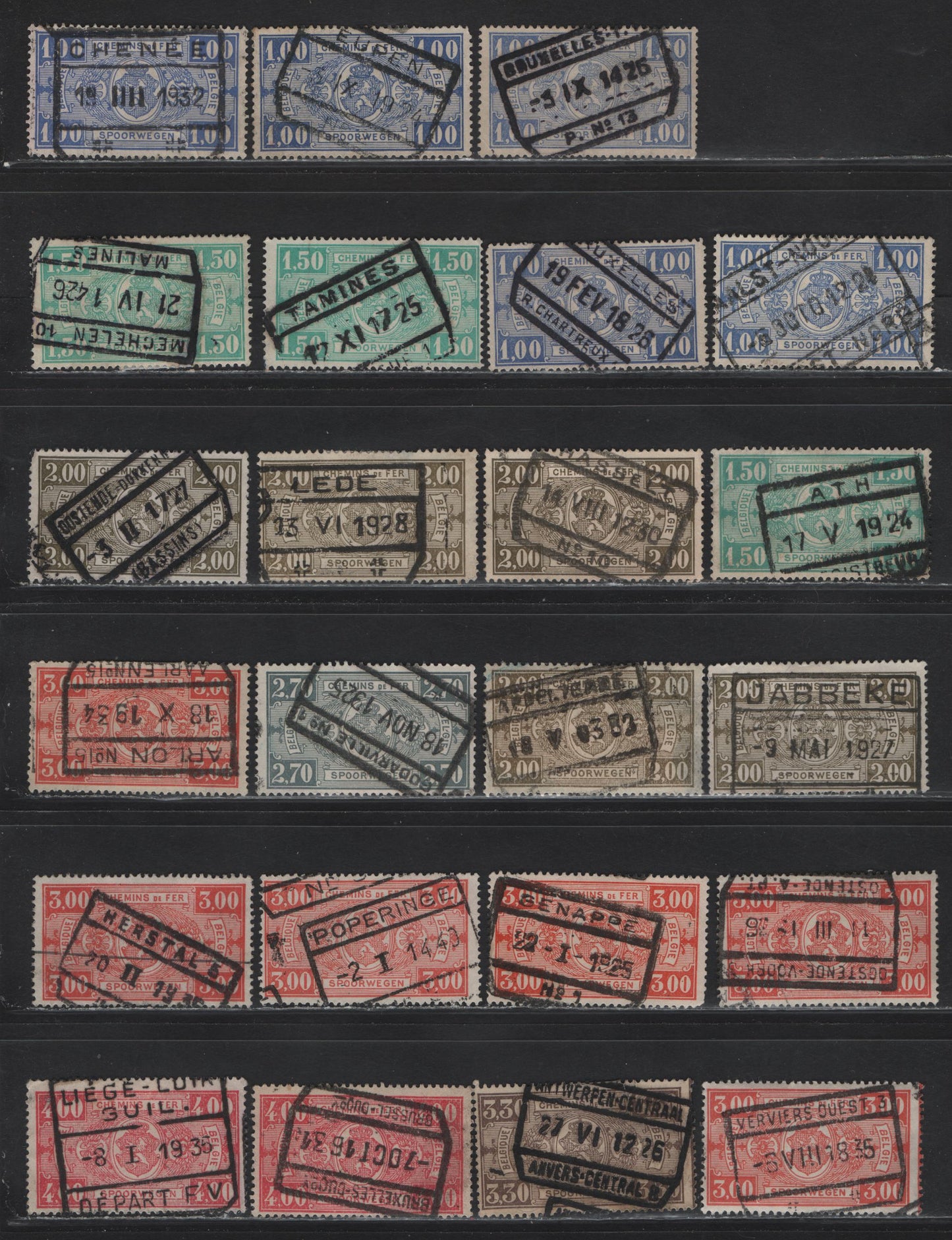 Lot 88 Belgium SC#Q150/Q162 1fr Ultramarine - 4fr Rose, 1923-1940 Parcel Post Issue, 23 F&VF Used Singles All Have SON Boxed Town Parcel Cancels