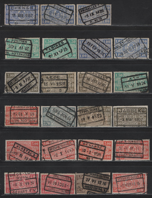 Lot 88 Belgium SC#Q150/Q162 1fr Ultramarine - 4fr Rose, 1923-1940 Parcel Post Issue, 23 F&VF Used Singles All Have SON Boxed Town Parcel Cancels