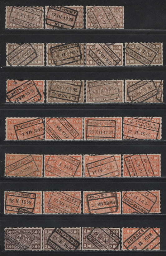 Lot 89 Belgium SC#Q163, Q164, Q165, Q166 5fr Violet - 8fr Deep Brown, 1923-1940 Parcel Post Issue, 41 F&VF Used Singles All Showing SON Boxed Town Parcel Cancels