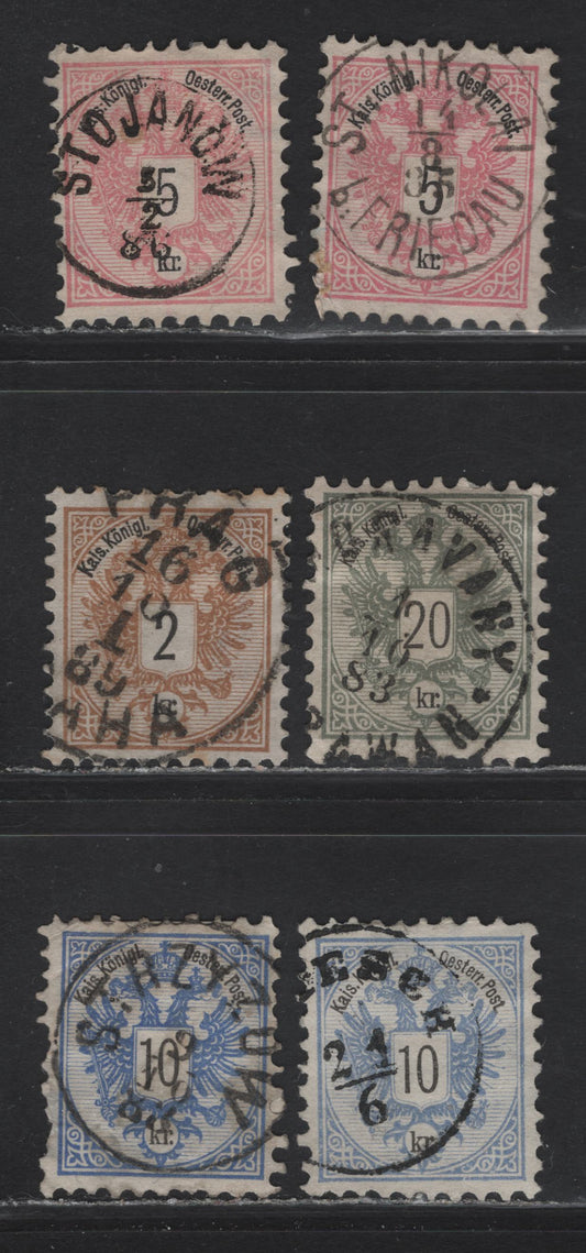 Lot 9 Austria SC#41a, 43b, 44a, 43-45 2kr - 20kr Brown - Gray Arms, 1883 Arms Keyplate Issue, 6 Good/Very Fine Used Singles, SON Town Cancels Including Stojanow, Prague, St Rzyzow & St Nikolai
