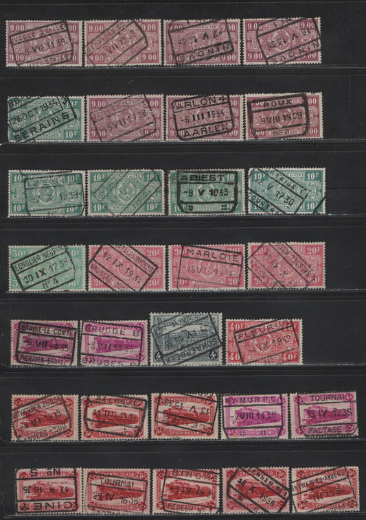 Lot 91 Belgium SC#Q168,Q169,Q170,Q177,Q182-Q183,Q261 10fr Blue Green - 40fr Rose, 1923-1941 Parcel Post Issue, 30 F&VF Used Singles All With Boxed Town Parcel Cancels