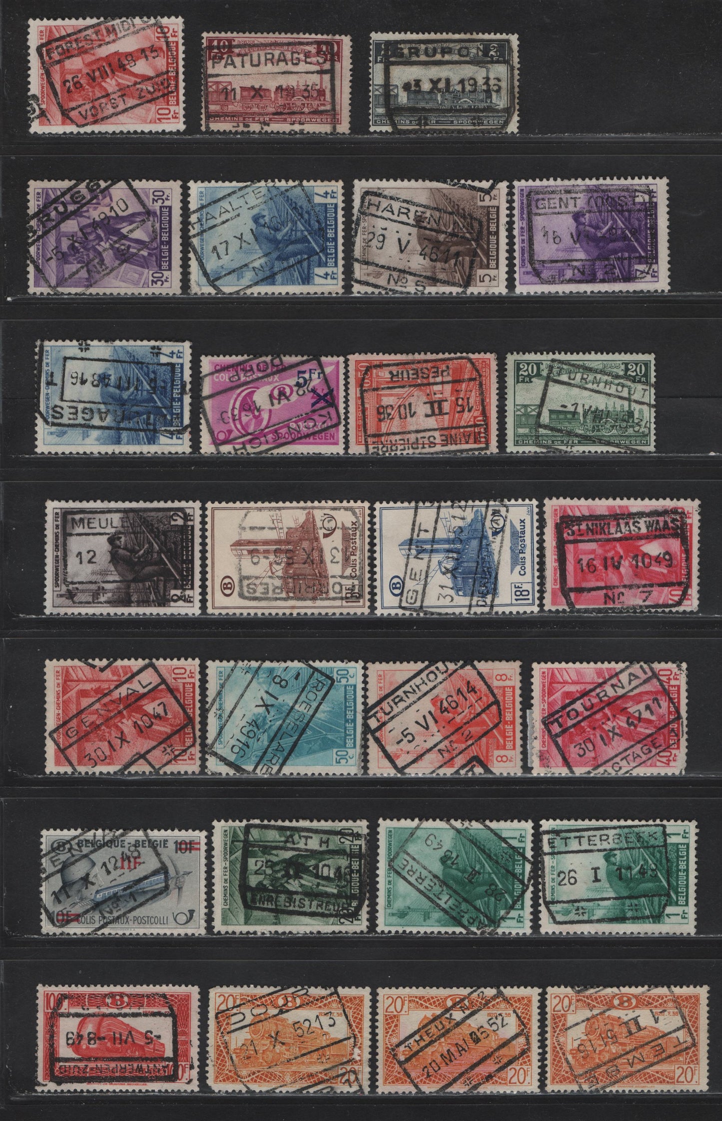 Lot 92 Belgium SC#Q188/Q363 50c - 18fr Orange Red - Dark Blue Parcel Post, 1935-1949 Parcel Post Issues, 27 Fine/Very Fine Used Singles, Readable, Full Boxed Parcel Cancels