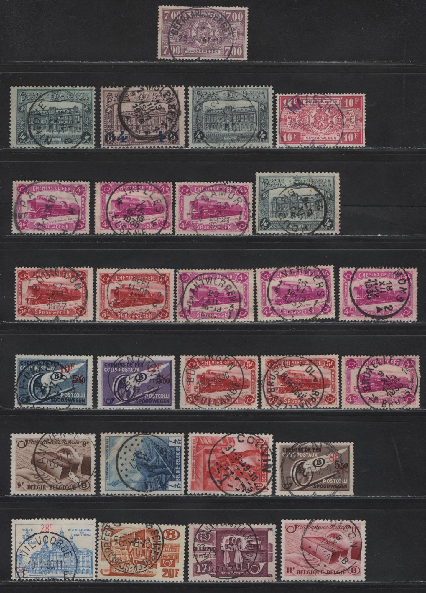 Lot 93 Belgium SC#Q177/Q382 4fr - 28f on 26f Gray - Blue Parcel Post, 1929-1964 Parcel Post Issues, 27 Fine/Very Fine Used Singles, Scarcer CDS Town Cancels Instead Of The More Common Boxed Cancels, Q335 Is Creased & Not Counted