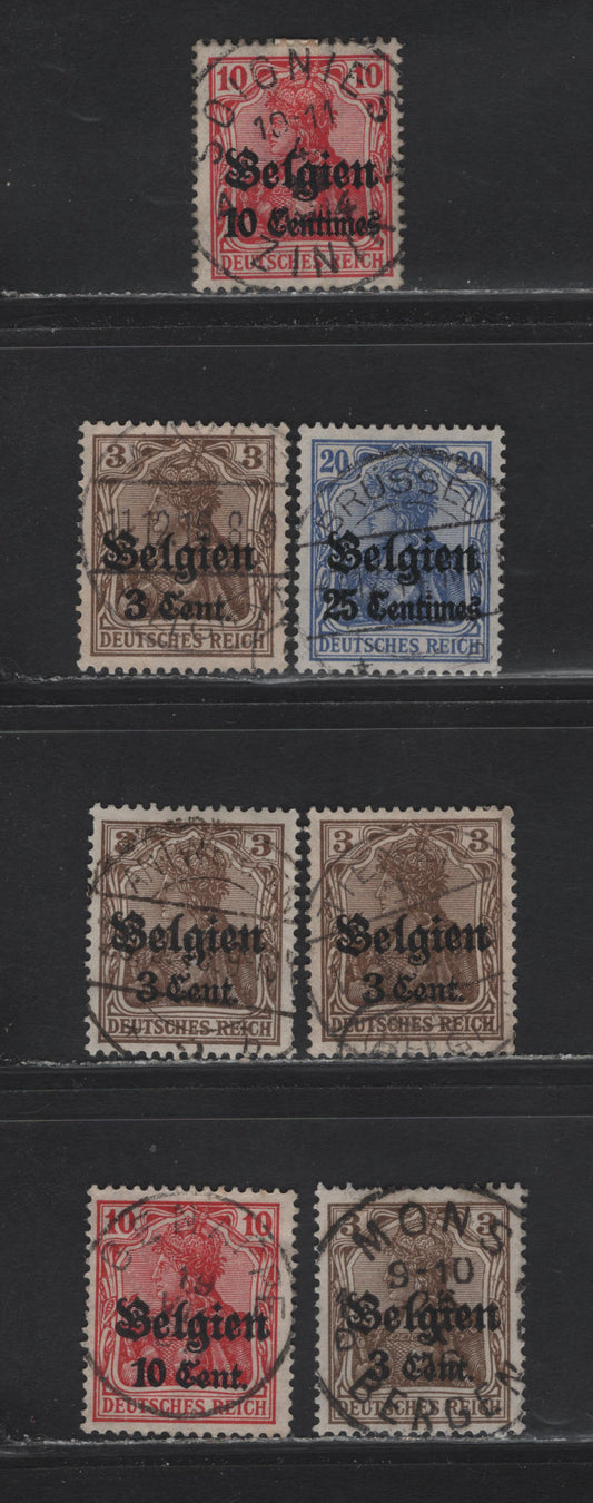 Lot 94 Belgium - German Occupation Michel#41a, 3, 11III, 11aI, 14a (SC# N3-N4, N11, N14) 10c on 10pf - 10c on 10pf Brown - Red Overprints, 1914-1916 Overprinted Germania Issues, 7 Very Fine Used Singles, SON Town Cancels & Showing Different Spacings