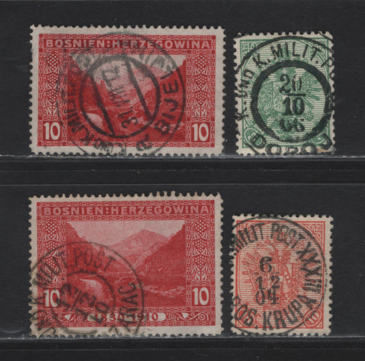 Lot 95 Bosnia & Herzegovia SC#14, 16, 35, 61   Arms - Birthday, 1900-1910 Arms, Pictorial & Birthday Issues, 4 Very Fine Used Singles, Military Mail SON Town Cancels, Including Bijeljinako, Zarac, Doboj & Busanska Krupa