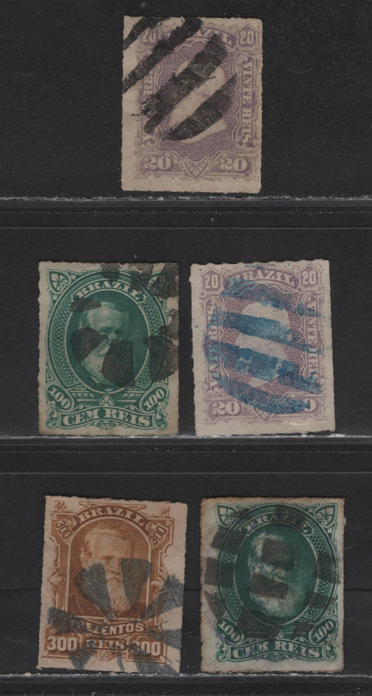 Lot 97 Brazil SC#69b, 72, 75 20r - 300r Rose Lilac - Bistre Dom Pedro, 1878-1879 Rouletted Dom Pedro Issue, 5 Fine/Very Fine Used Singles, Black & Blue Segmented Cork Cancels