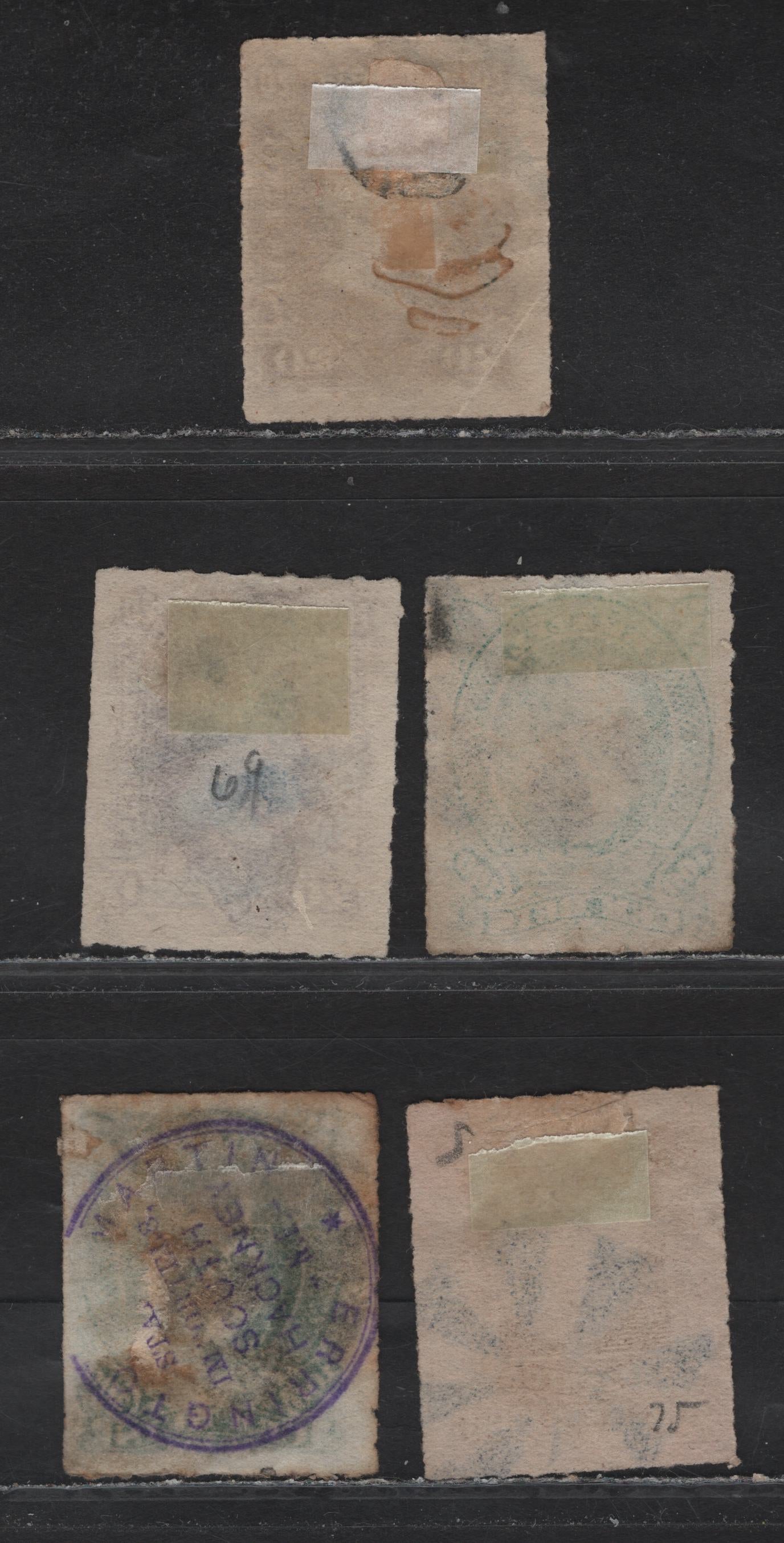 Lot 97 Brazil SC#69b, 72, 75 20r - 300r Rose Lilac - Bistre Dom Pedro, 1878-1879 Rouletted Dom Pedro Issue, 5 Fine/Very Fine Used Singles, Black & Blue Segmented Cork Cancels