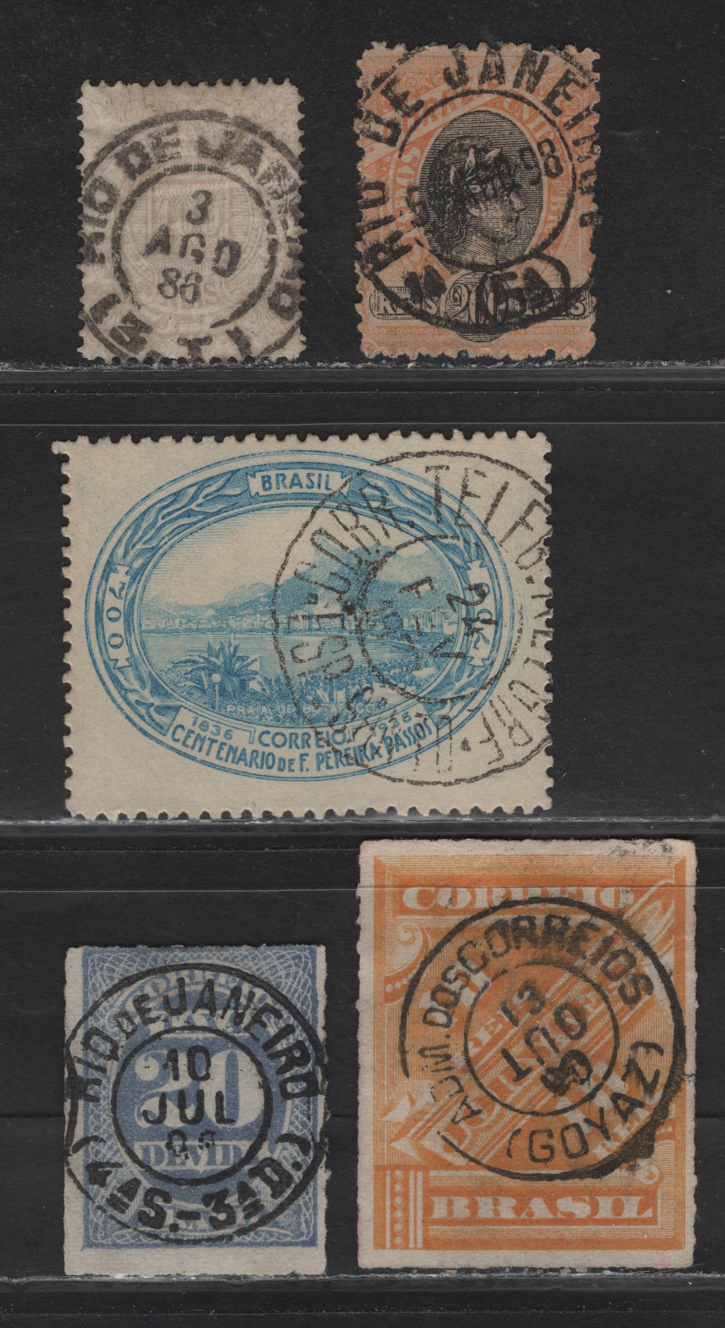 Lot 98 Brazil SC#92, 118, 429, J11, P1 100r - 10r Lilac - Yellow Numeral - Newspaper, 1885-1889 Numeral - Newspaper Issues, 5 Fine/Very Fine Used Singles, SON Cancels