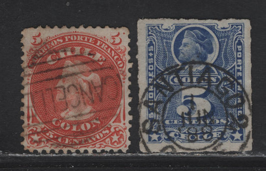 Lot 99 Chile SC#17, 28 5c Red - Ultramarine Columbus, 1867-1879 Columbus & Rouletted Issues, 2 Fine Used Singles, SON Cnacelled & June 1 1888 Santiago CDS Cancels