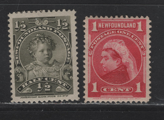 Lot 103 Newfoundland #78, 79 1/2c Olive Green & 1c Carmine Rose, 1897-1901 Royal Family Issue, 2 VFOG Single On Papers ABNN-J & ABNN-A, Perfs 12 & 11.75x11.9