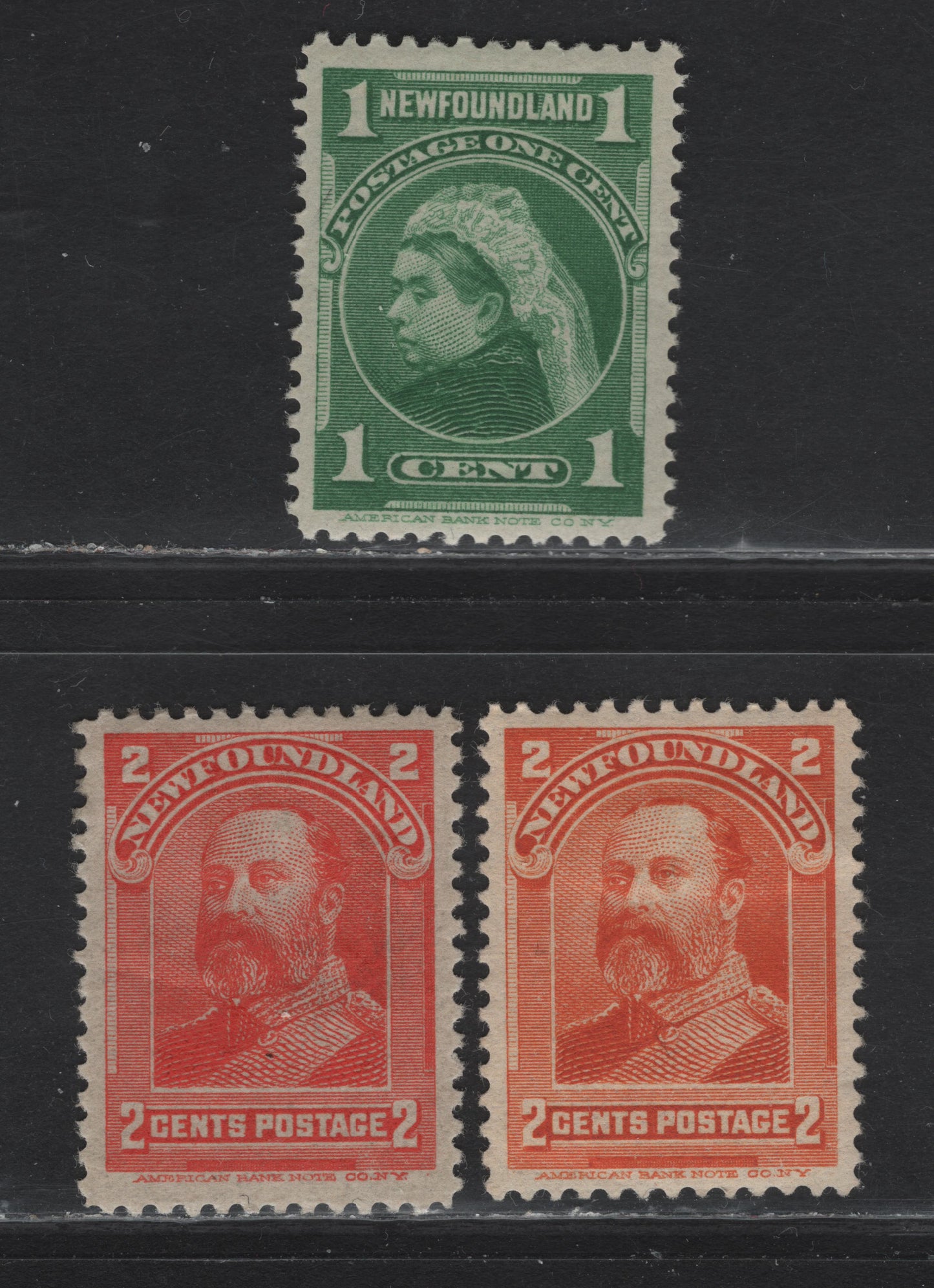 Lot 104 Newfoundland #80,81,82, 1897-1901 Royal Family Issue, 3 VFOG Singles 1c Yellow Green On Paper ABNN-J, 2c Orange On Paper ABNN-K, 2c Vermilion On ABNN-O, Perf 12,11.75,12