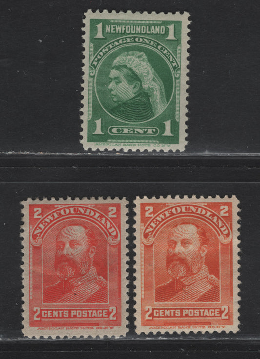 Lot 104 Newfoundland #80,81,82, 1897-1901 Royal Family Issue, 3 VFOG Singles 1c Yellow Green On Paper ABNN-J, 2c Orange On Paper ABNN-K, 2c Vermilion On ABNN-O, Perf 12,11.75,12