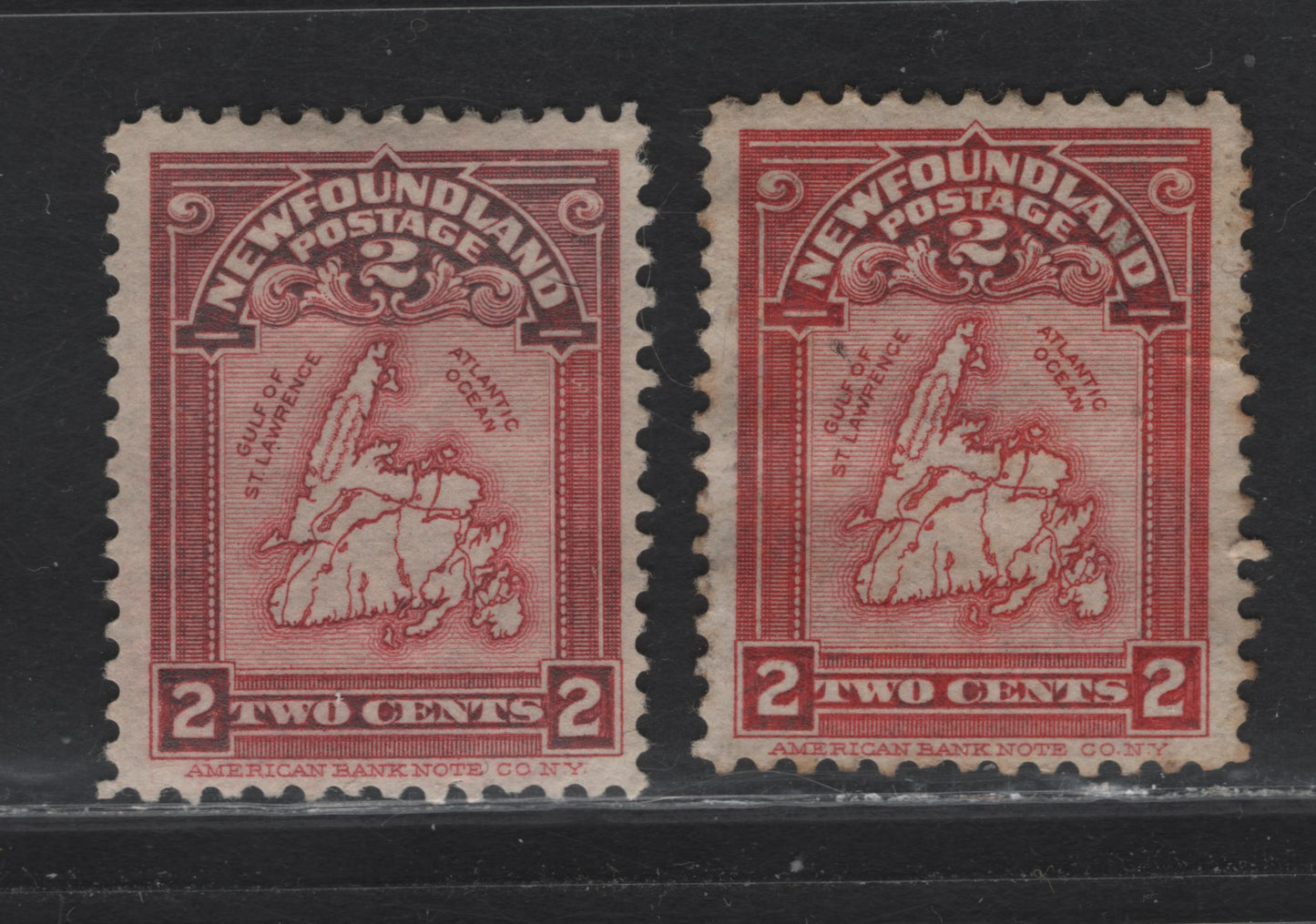 Lot 108 Newfoundland #86 2c Carmine & Rose Carmine, 1908 Map Of Newfoundland Issue, 2 FOG & VFUN Singles On ABNN-M,ABNN-N, Perf 12x11.8 And 11.9x11.8