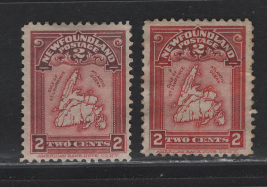 Lot 108 Newfoundland #86 2c Carmine & Rose Carmine, 1908 Map Of Newfoundland Issue, 2 FOG & VFUN Singles On ABNN-M,ABNN-N, Perf 12x11.8 And 11.9x11.8