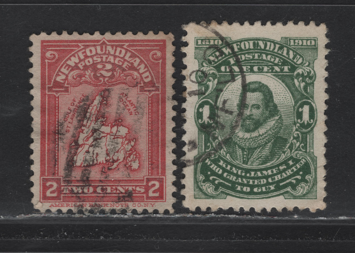 Lot 109 Newfoundland #86 2c Rose Carmine & Deep Green, 1908 Map Of Newfoundland Issue, 2 VF Used Singles On ABNN-N, Perf 12x11.9 & WM-A, Perf 11.75